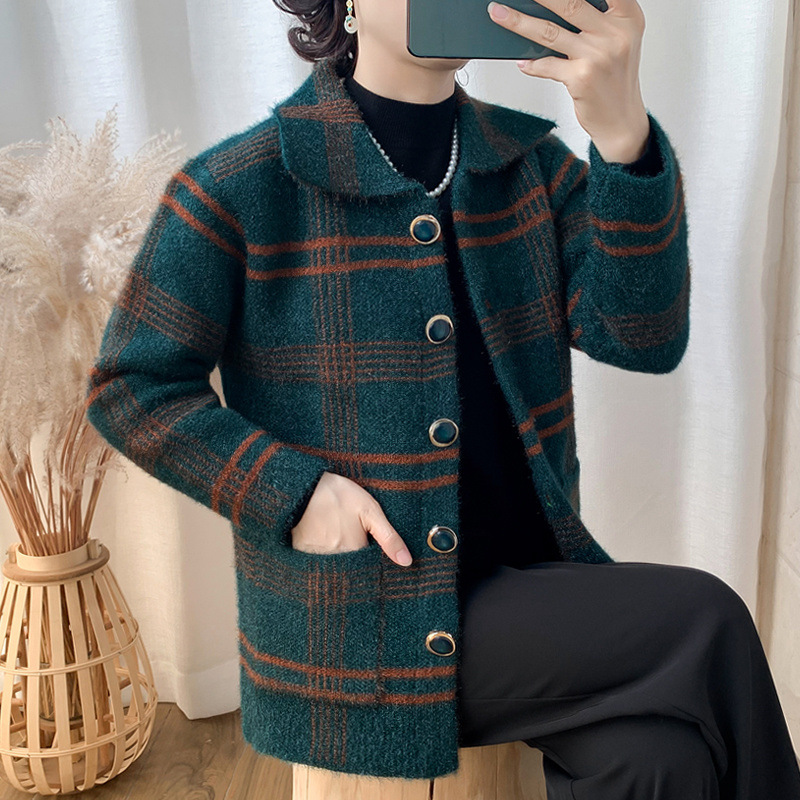 J 거북 3 어머니 스웨터 코트 여성 중년 및 노인 여성 격자 무늬 스웨터 외부 할머니 카디건 재킷