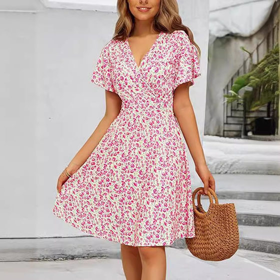 2024 European and American Cross-border New Women's Sun Skirt Summer Flower Short-sleeved Wrap V-neck A- line Midi dress