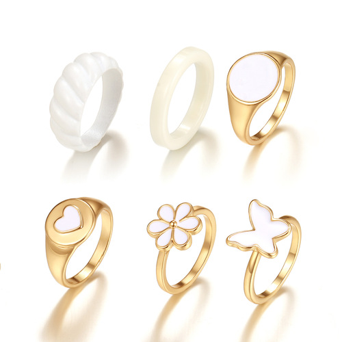 Best-selling cross-border drip oil smiling ring set of 6 for women, European and American retro heart high-grade butterfly joint accessories wholesale