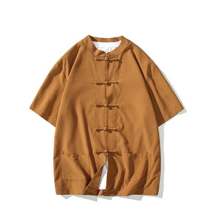 2025 summer new bamboo iron collar shirt buckle half sleeve Chinese style retro shirt a generation of hair