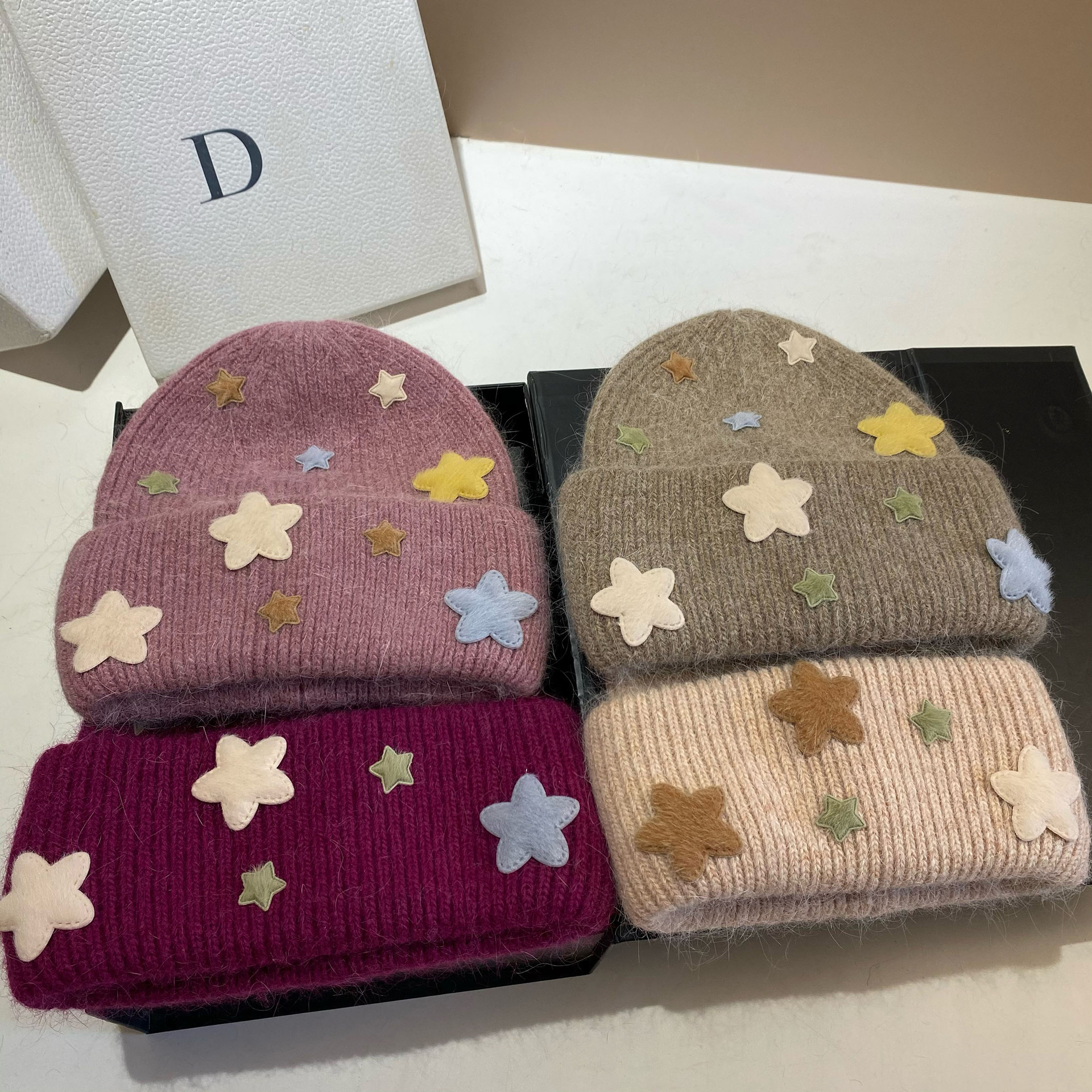 Gorro beanie de punto para mujer de pelo de conejo invierno_voghion.com