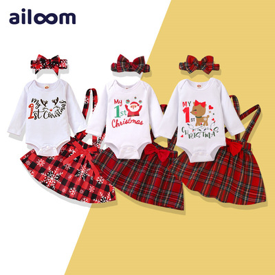 2022圣诞儿童套装 外贸婴幼儿包屁衣裙套装 女童圣诞节背带裙套装|ms