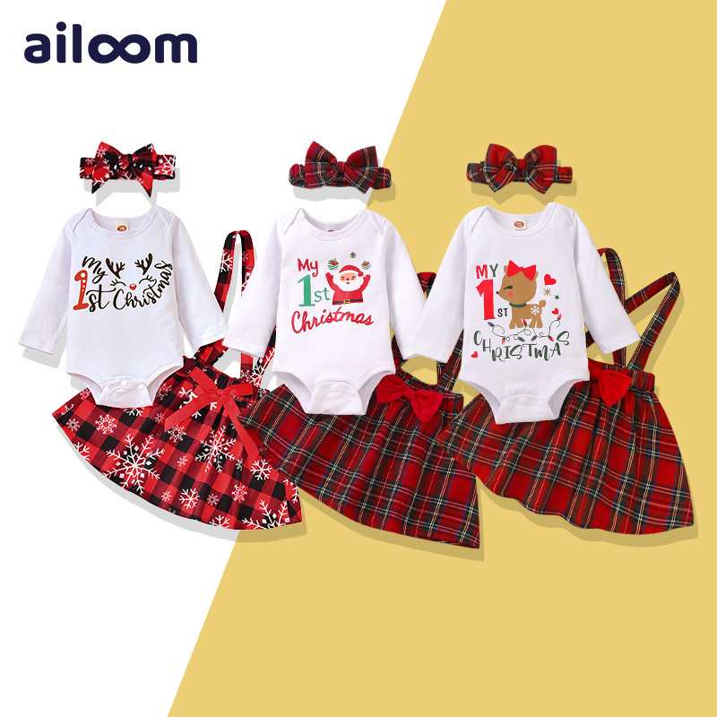 2022圣诞儿童套装 外贸婴幼儿包屁衣裙套装 女童圣诞节背带裙套装|ms