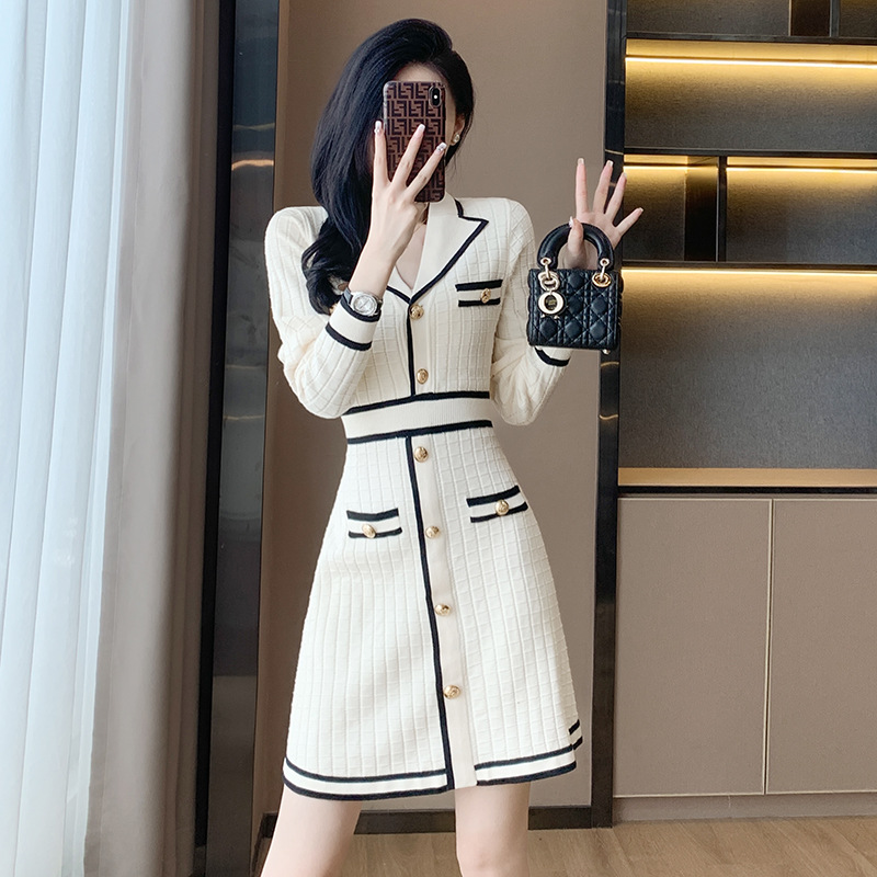 High Waist A-line Woolen Dress Womens Knitted Long Sleeved Slim Fit V-neck  Dress | eBay