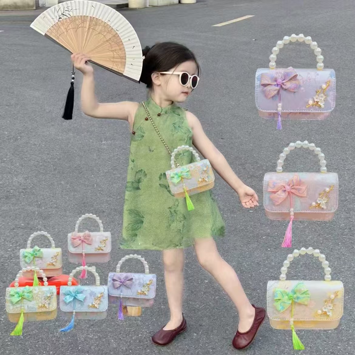 Bolsas de niños arco de estilo chino borda de niña pequeña princesa perla bolsa de cambio de mano al por mayor