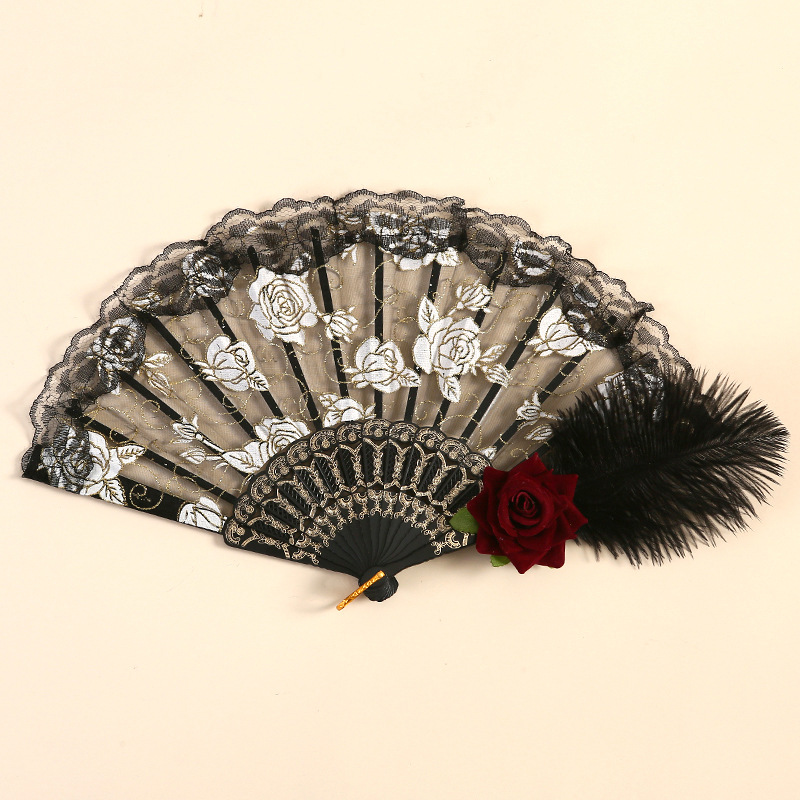 Ventilador de encaje de estilo de palacio retro magnífico abanico plegable de rosa europea retro fiesta de té oscuro espectáculo de manga accesorios para fotos