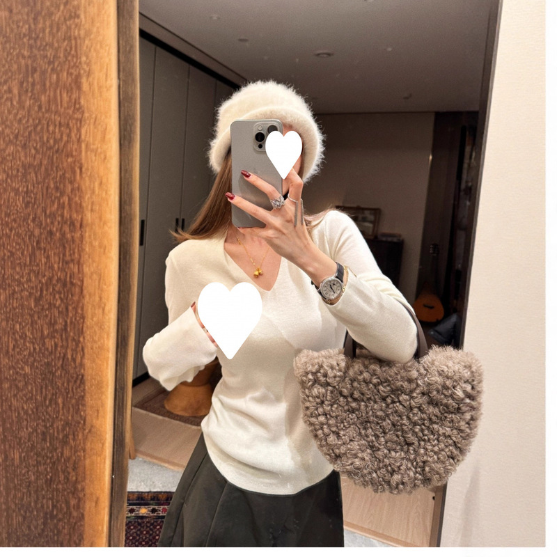 In Stock Mx 3 Colors! High Elasticity, Regular Shoulder, V-Neck, Waist-Cinching, Slimming Knit Sweater, Wool Base Shirt, T-Shirt for Women, Autumn and Winter Top