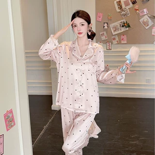 加工定制睡衣女法式长袖春季新款冰丝仙女风波点印花开衫家居服