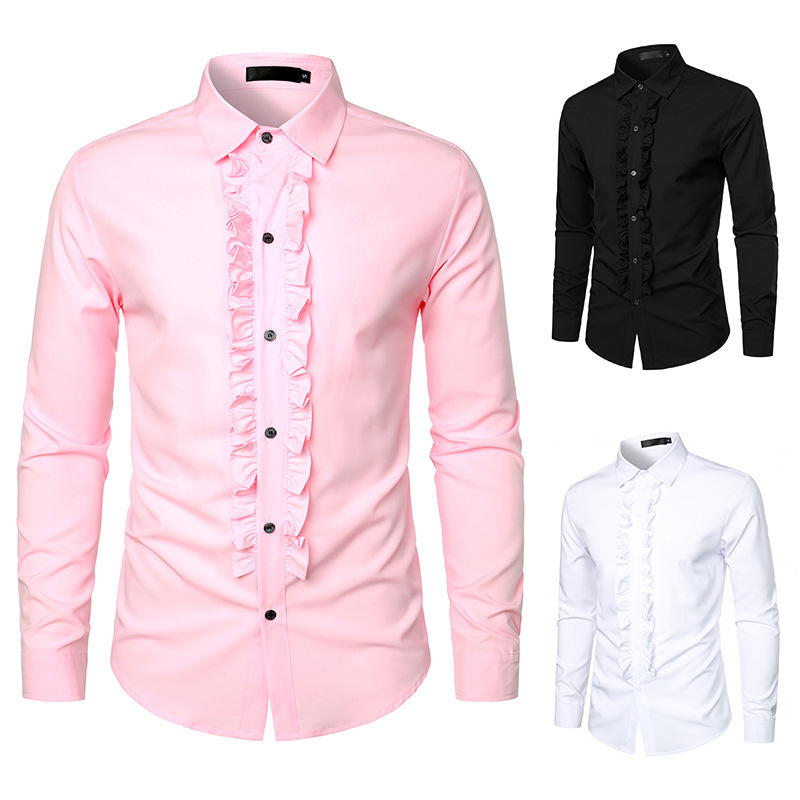 Amazon Men's New Party Wedding Dress Long-Sleeved Shirt Men's European and American Trendy Casual Lotus Leaf Lace Shirt