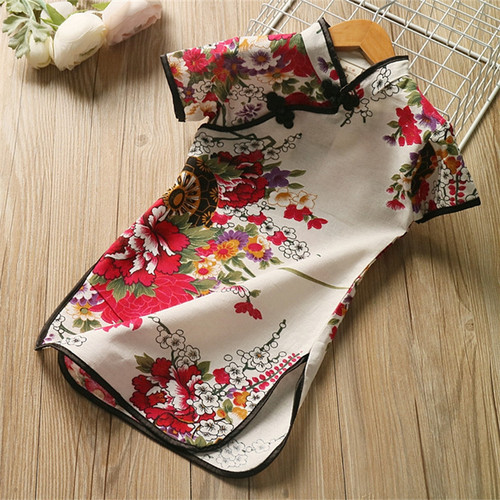  new summer style girls' stand-up collar cheongsam printed ethnic style children's skirt trendy retro style dress for middle-aged and small children