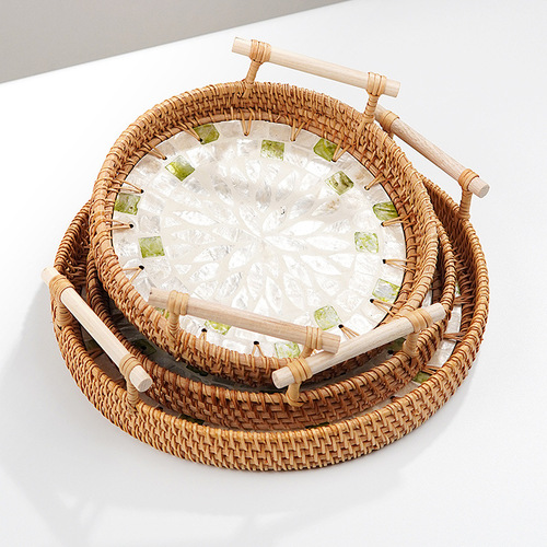 Rattan shell tray, natural sea shell splicing, creative binaural tray, snack fruit and vegetable afternoon tea snack basket