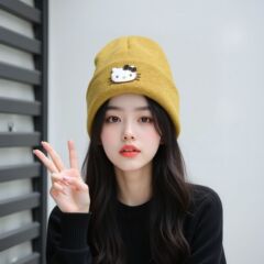 新款kt卡通图案硅胶针织帽可爱时尚猫咪针织帽牢固帽子女款时尚