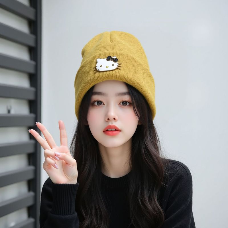 新款kt卡通图案硅胶针织帽可爱时尚猫咪针织帽牢固帽子女款时尚|undefined