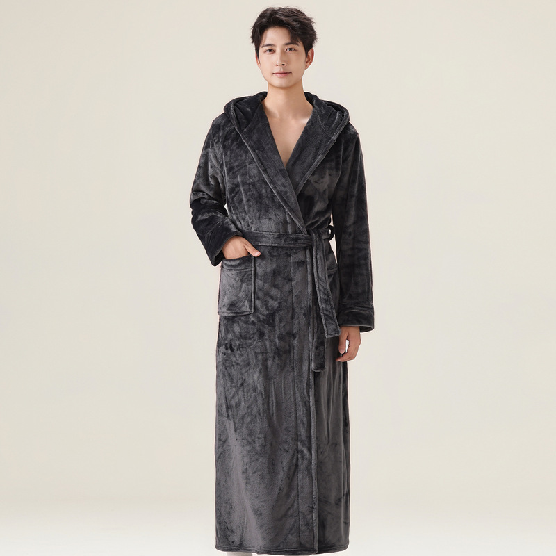 In-Stock Autumn and Winter New Coral Fleece Men's Hooded Pajamas, Thickened and Extended Bathrobe, Warm Flannel Sleepwear In-Stock Autumn and Winter New Coral Fleece Men's Hooded Pajamas, Thickened and Extended Bathrobe, Warm Flannel Sleepwear