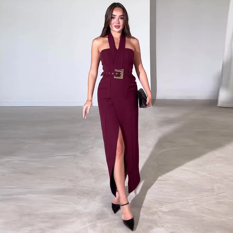 2026 Women's Amazon Cross-Border Fashion Halter Neck Backless Slim-Fit Slit Bodycon Dress