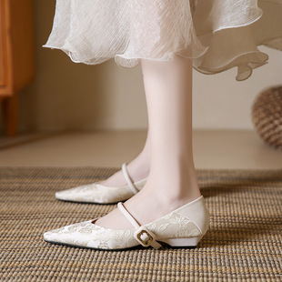 New Chinese Style National Style Shallow Mouth Flat Shoes 2025 New High-grade Satin Retro Pointed Toe Women's Shoes