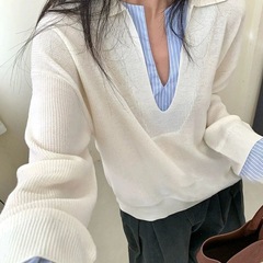洋气条纹新款休闲拼接宽松套头早秋松弛针织衫上衣撞色2025上衣