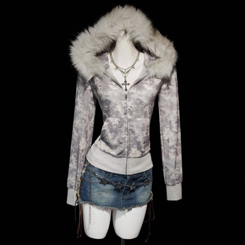 Amazon Autumn and Winter Camouflage Stylish Hip-Hop Trendy Slimming Look Y2K Fur Collar Hoodie Zipper Sweatshirt Wholesale