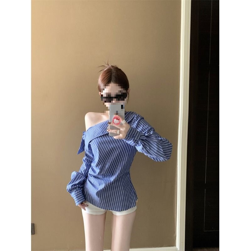 不规则蓝色条纹斜肩长袖衬衫女秋季小众修身衬衣纯欲独特显瘦上衣|undefined