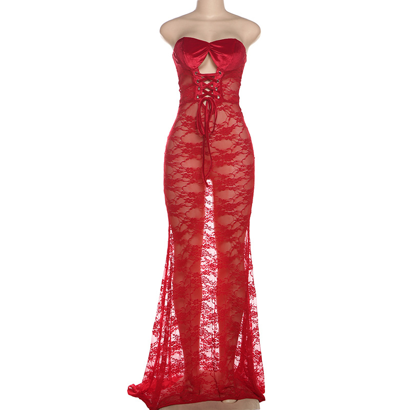 Sexy Lace Sheer Bodycon Dress Strapless Cutout Design Long Length Winter Fashion for Parties and Events Wholesale