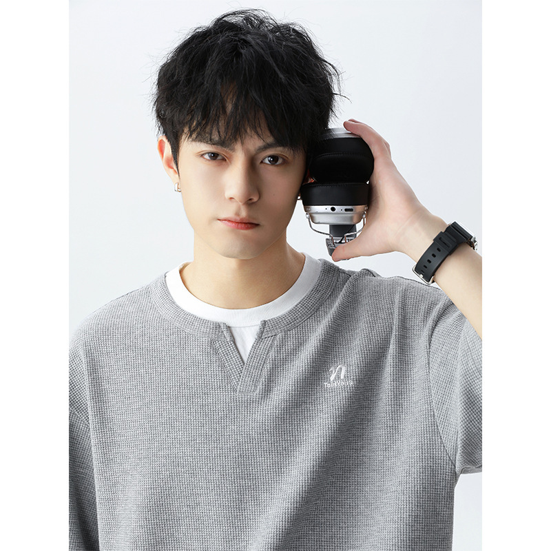 Light Luxury Old Money Style Faux Two-Piece V-Neck Short-Sleeve T-Shirt, Summer 2026 New Model, Ancora Red Waffle Knit Half-Sleeve Tee Shirt