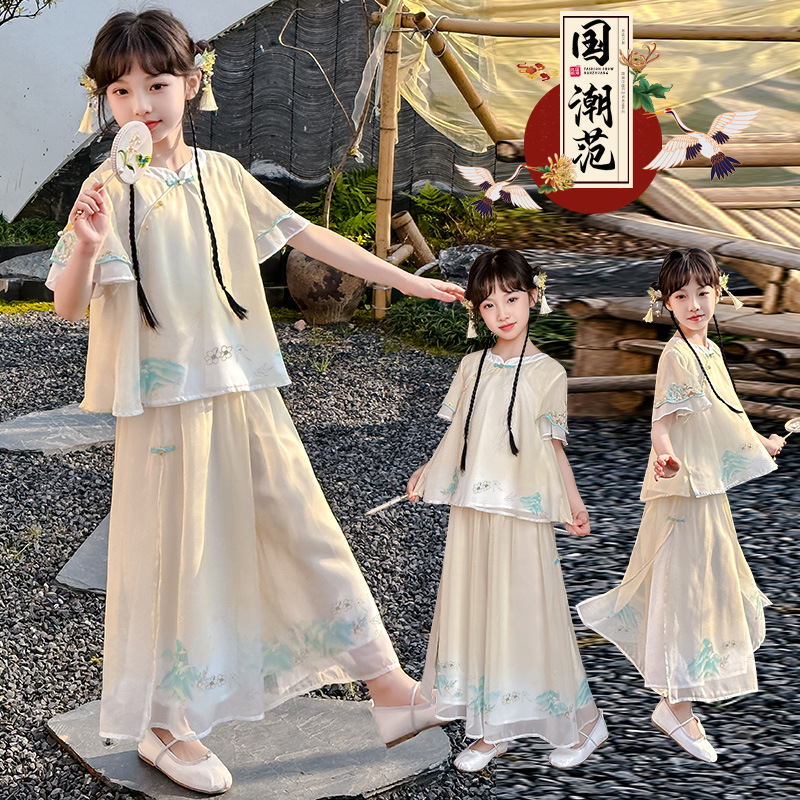 新中式女童汉服裙子套装夏装国风古风唐装夏季女孩盘扣上衣公主裙