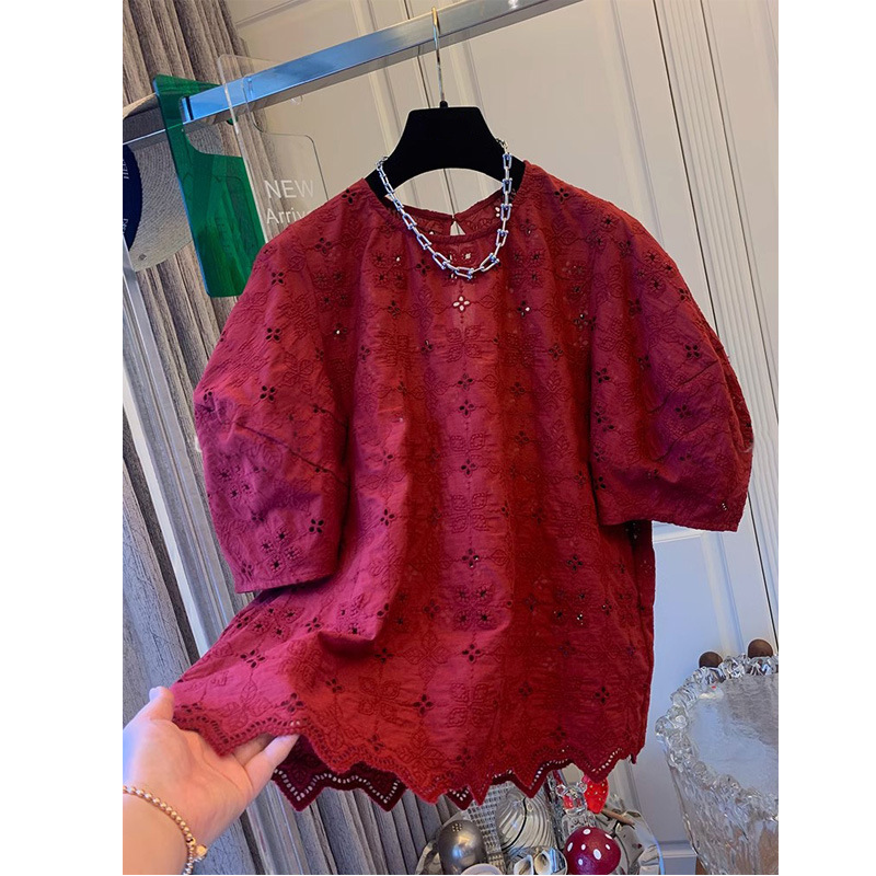 plus size Women's High-end Hollow-out Lace Embroidered Puff Sleeve Shirt Top Women's Summer French Red Doll Shirt