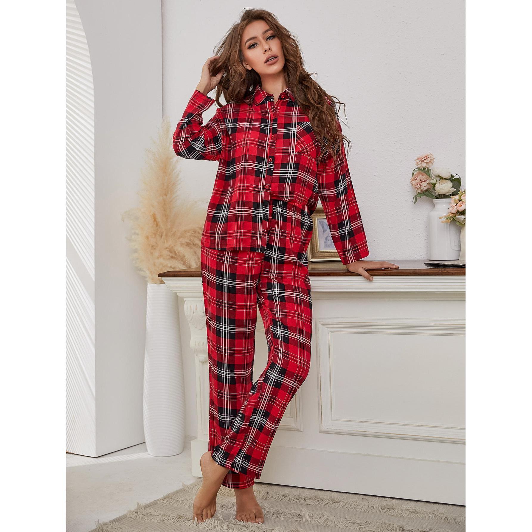 women red plaid long sleeved autumn and winter home clothes two piece set that can be worn outside foreign trade _voghion.com