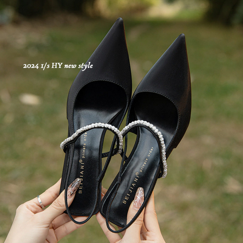 Giày sandal nữ bít mũi mũi nhọn gót mảnh quai ngang đính đá, gót 6–8 cm — Màu mơ, Màu vàng nhạt, Màu đen
