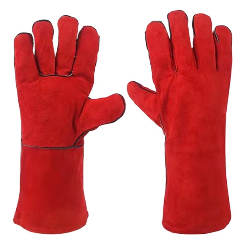 Fábrica al por mayor de doble capa de soldadura guantes de vaca colgando forro soldador guantes de cuero completo alargado engrosado guantes de protección laboral image 1