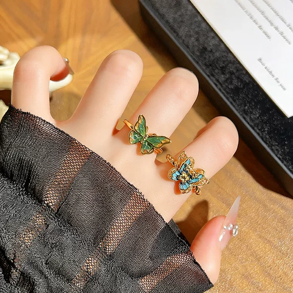 Vintage New Chinese-Style Enamel Oil-Drip Butterfly Open Ring, Niche Design, Personalized Stackable Ring for Women