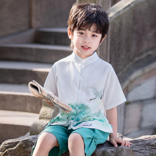 Children's summer short-sleeved Hanfu suit, boy's Tang suit performance suit, baby's western style Chinese style ethnic retro