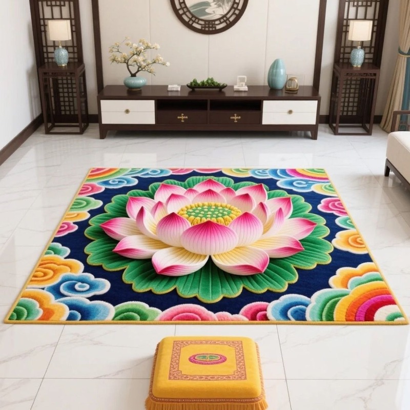 中式莲花荷花地毯四方水晶绒满铺拜垫吸水防滑易打理易清洗地垫|undefined