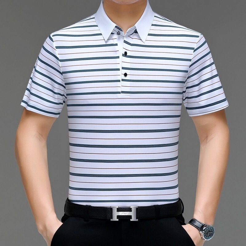 Genuine Brand Silk Ice Silk Short-Sleeve T-Shirt for Men, Striped, for Middle-Aged Dads, Casual High-End Polo Shirt, Sincerely Seeking Agents