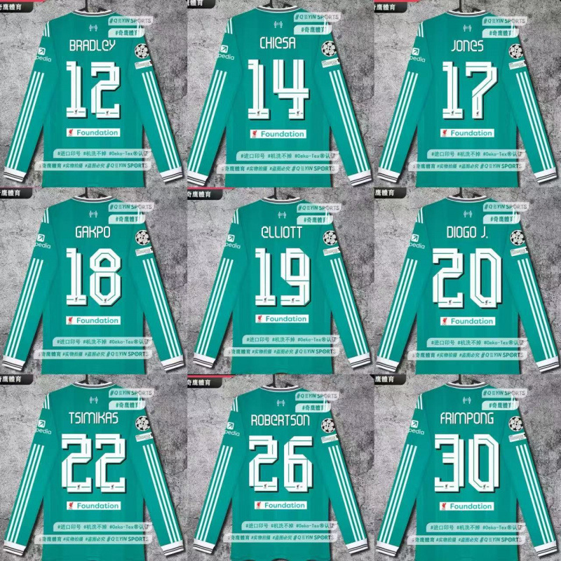 2526 Long-sleeved football jerseys for Salah, Wirtz, Van Dijk, Sobo, Sloni, Isak, and McAllis.