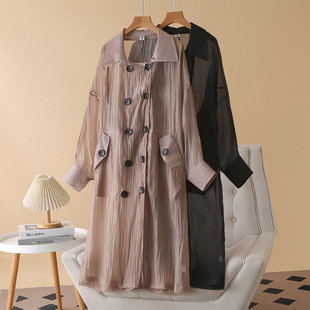 2025 Summer Large Size Windbreaker See-Through Cardigan Long-Sleeved Lapel Women's Fat Girl Elegant Mid-Length Thin Outwear 1665