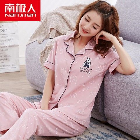 100% pijamas pantalones de algodón de manga corta de verano para mujer cardigan más el tamaño de algodón suelto ropa de casa de dos piezas