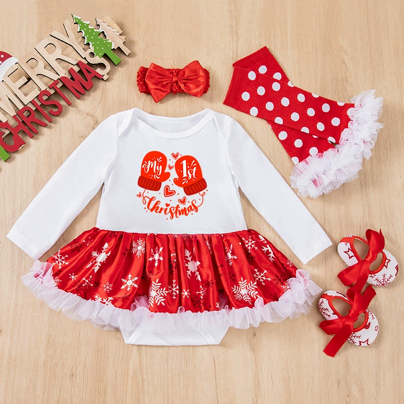 Демисезонный Christmas боди, юбка, детский комплект, с длинным рукавом, со снежинками, набор 4 шт., оптом