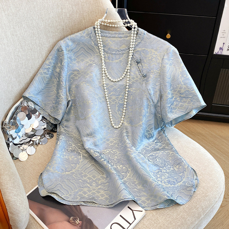 High-Quality Comfortable Breathable Age-Reducing Middle-Aged Mom 22 Momme Silk Jacquard Diagonal Placket Button Loose Short-Sleeve Shirt