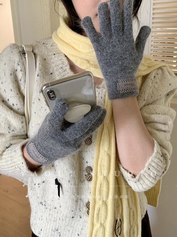 金泰含兔毛蕾丝边贴布～秋冬氛围针织毛线手套女保暖露指可触屏|undefined