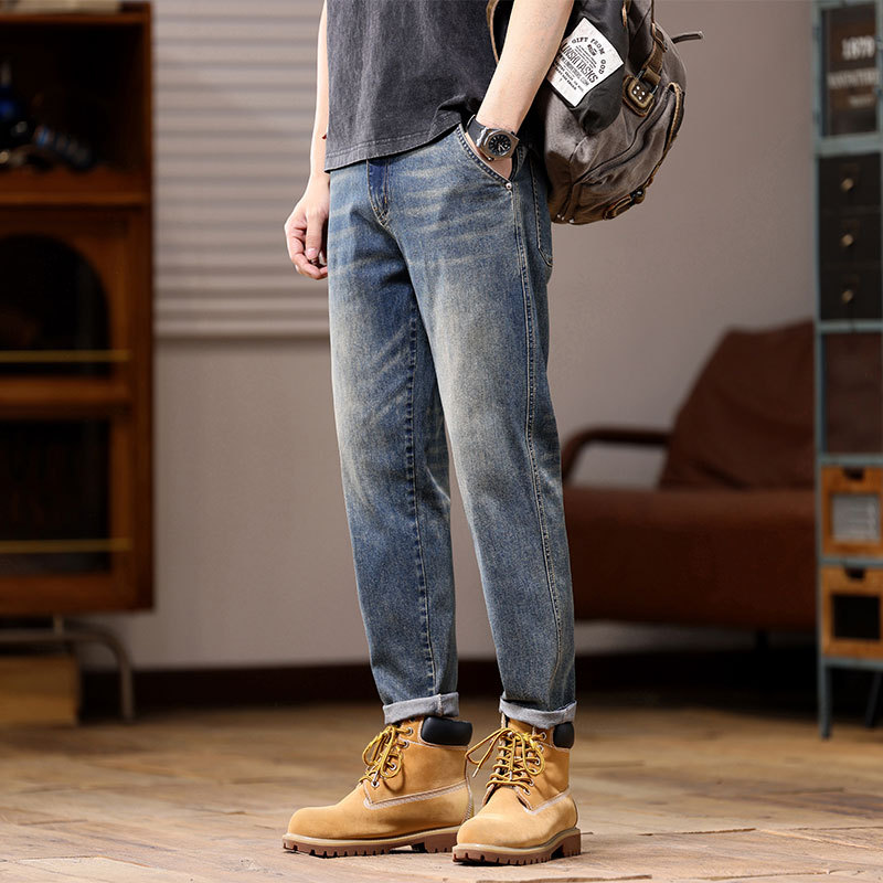 Men's summer new heavy industry washed jeans, men's loose elastic retro distressed cropped pants_voghion.com