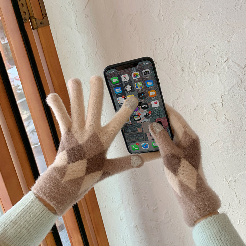 Estudiante a prueba de frío lana de punto a caballo cinco dedos Pantalla táctil de dibujos animados guantes calientes de invierno femenino engrosada linda pareja