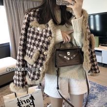 小香风千鸟格毛呢外套女冬季新款加绒加厚水貂毛黑白格子大衣外穿