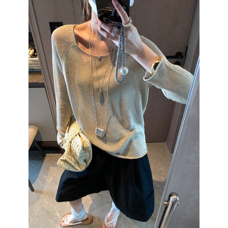 Mochie Return to Relaxation Curly Edge Ice Silk Round Neck Lazy Loose Casual Long Sleeve Knit Sweater Mq1400