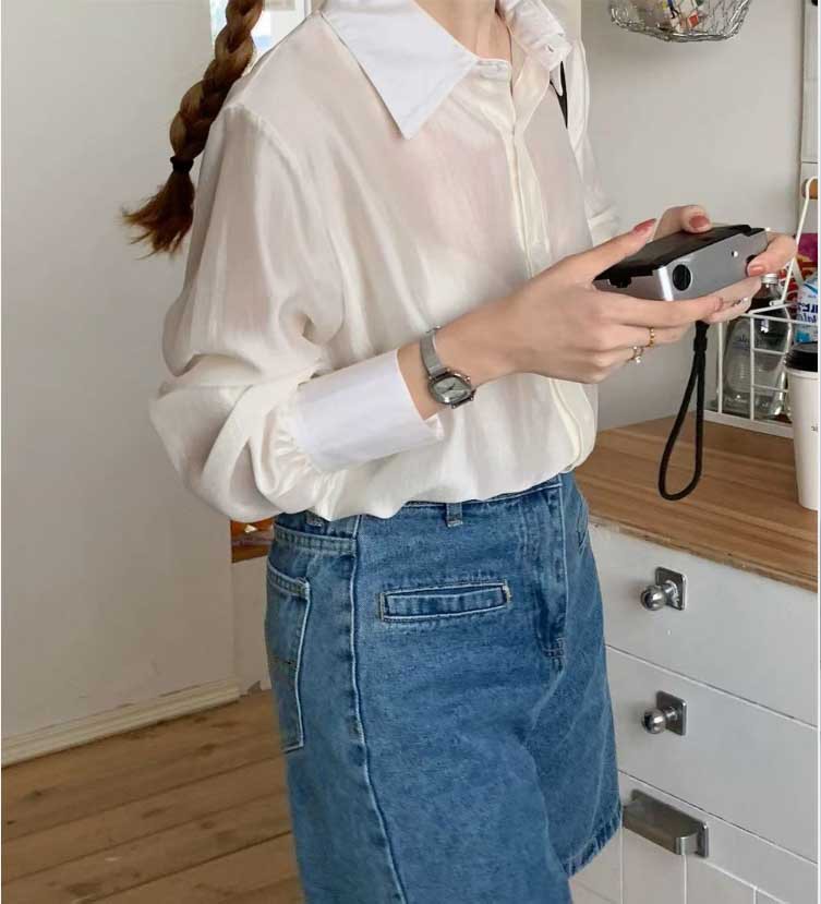 Áo sơ mi nữ dài tay Tencel phong cách Hàn Quốc rộng rãi mỏng nhẹ chống nắng — Màu xanh lam, Màu tím, Màu hồng, Màu trắng chi tiết 5