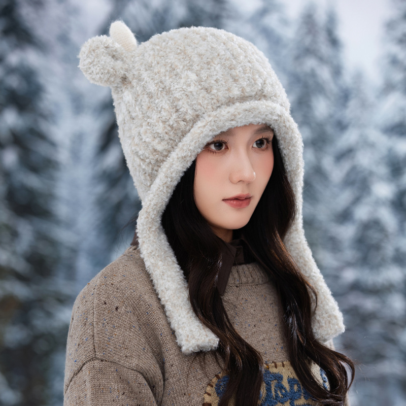 新款麋鹿耳朵帽子女秋冬甜美可爱套头帽户外防寒保暖帽休闲毛绒帽|undefined