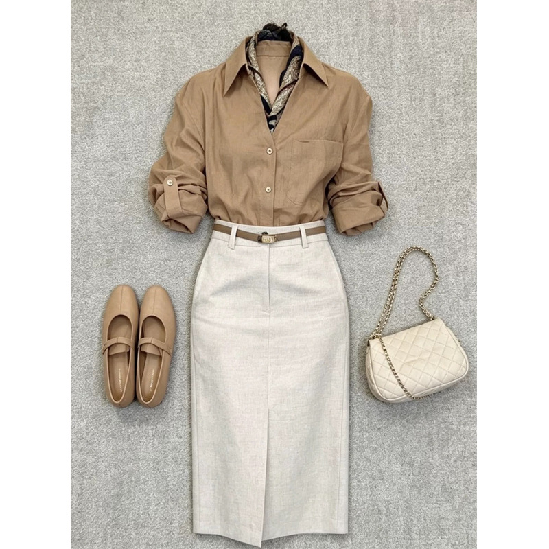 A sophisticated and relaxed look with a Chanel-inspired khaki linen shirt and skirt set for summer.