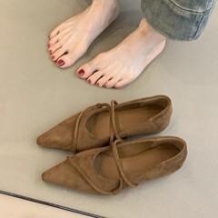羊皮版~复古一字带内增高芭蕾舞单鞋浅口气质法式尖头玛丽珍女鞋