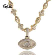 欧美嘻哈满钻眼睛吊坠项链时尚潮流炫酷铜镶锆石银色男士挂件饰品