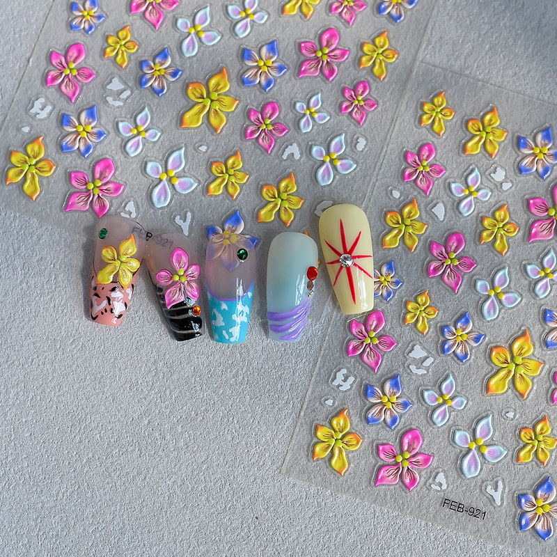 Wangyuan Embossed Manicure Stickers Hand-Painted Summer Vacation Style Flower Nail Stickers Mobile Phone Case Notebook Decoration Stickers